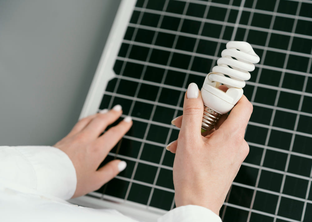 une femme tenant une ampoule devant un panneau solaire